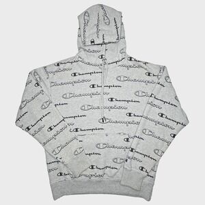 Champion Hoodie Sweatshirt Mens Medium Gray All Over Print Pullover S5735P